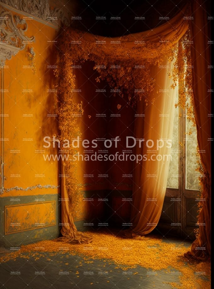 Photo of the Orange Flower Room with curtains photography backdrop by Shades of Drops