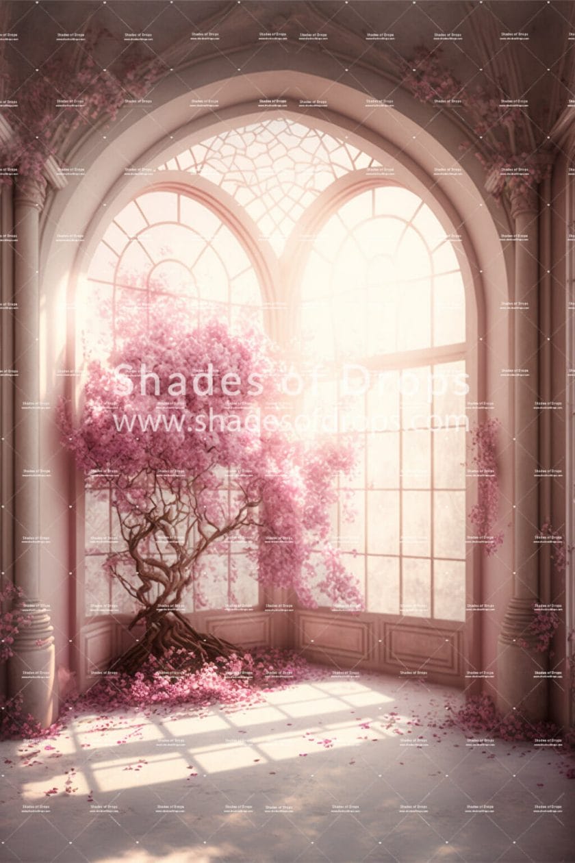 Photo of the Pink Castle with cheery blossom tree photography backdrop by Shades of Drops